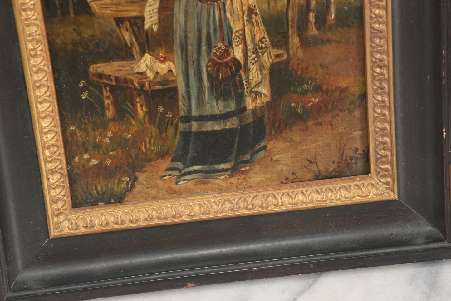 Lot 008 - Antique Painting On Wood Panel Of Victorian Woman In Blue Dress Holding Swaddled Baby By Park Bench, Unsigned, In Modern Frame, 9-1/2" x 11-7/8"