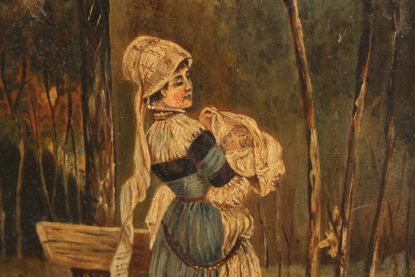 Lot 008 - Antique Painting On Wood Panel Of Victorian Woman In Blue Dress Holding Swaddled Baby By Park Bench, Unsigned, In Modern Frame, 9-1/2" x 11-7/8"