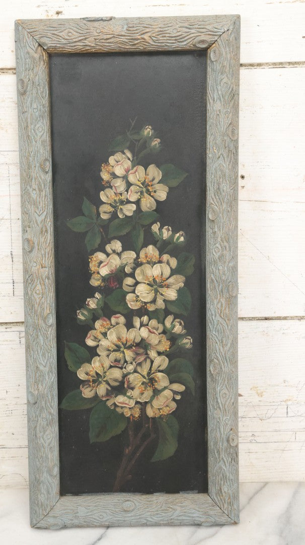 Lot 009 - Antique Painting On Tin Of White Flowers With Yellow And Orange Buds And Green Leaves In Original Faux-Branch Frame, 9-5/8" x 22-1/2"