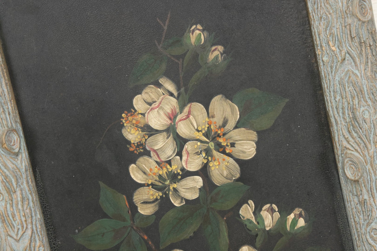 Lot 009 - Antique Painting On Tin Of White Flowers With Yellow And Orange Buds And Green Leaves In Original Faux-Branch Frame, 9-5/8" x 22-1/2"