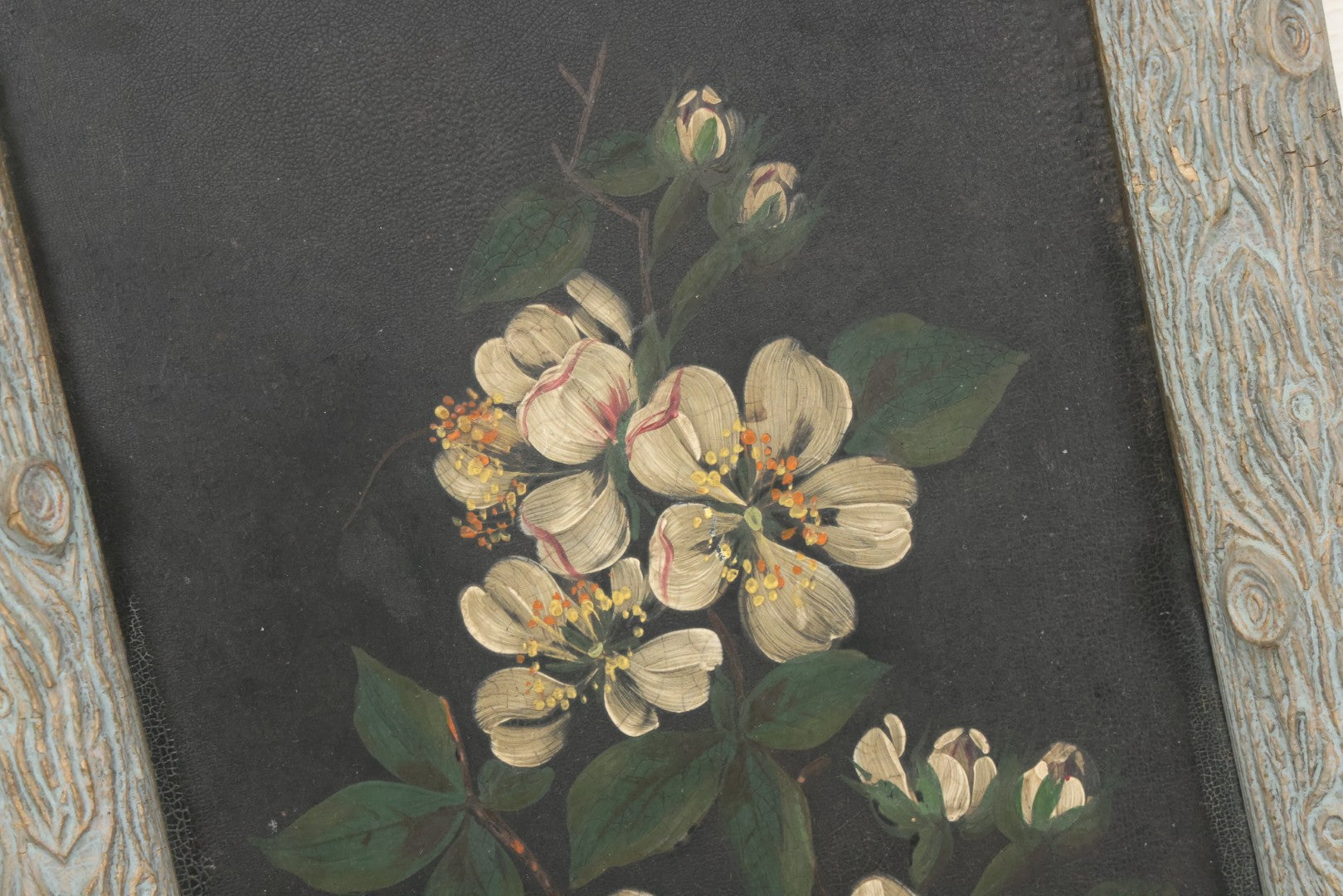 Lot 009 - Antique Painting On Tin Of White Flowers With Yellow And Orange Buds And Green Leaves In Original Faux-Branch Frame, 9-5/8" x 22-1/2"