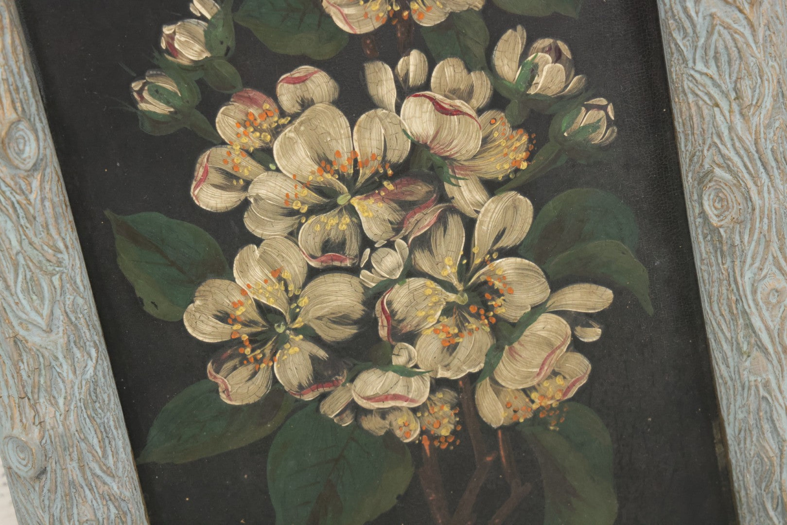 Lot 009 - Antique Painting On Tin Of White Flowers With Yellow And Orange Buds And Green Leaves In Original Faux-Branch Frame, 9-5/8" x 22-1/2"