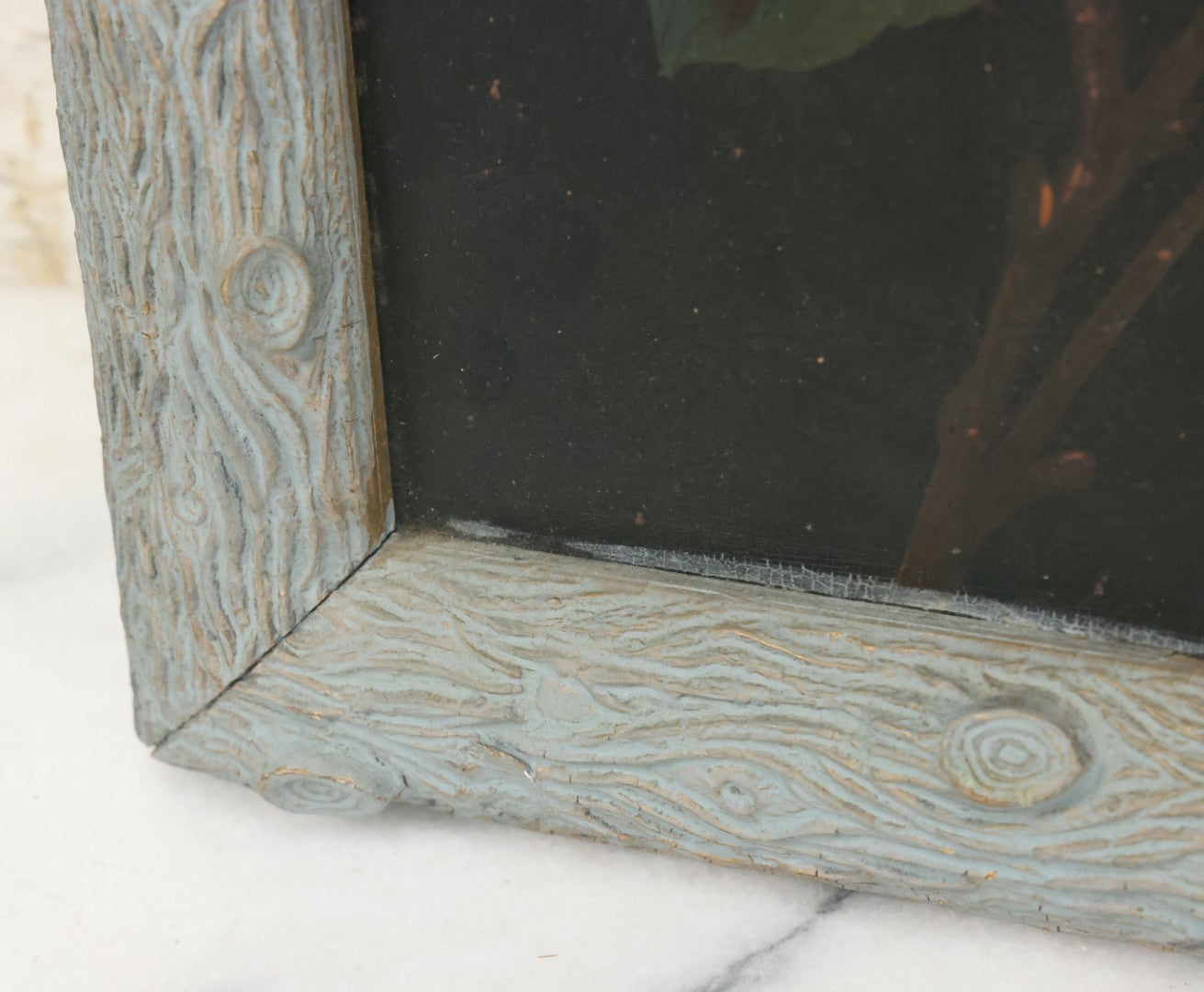 Lot 009 - Antique Painting On Tin Of White Flowers With Yellow And Orange Buds And Green Leaves In Original Faux-Branch Frame, 9-5/8" x 22-1/2"