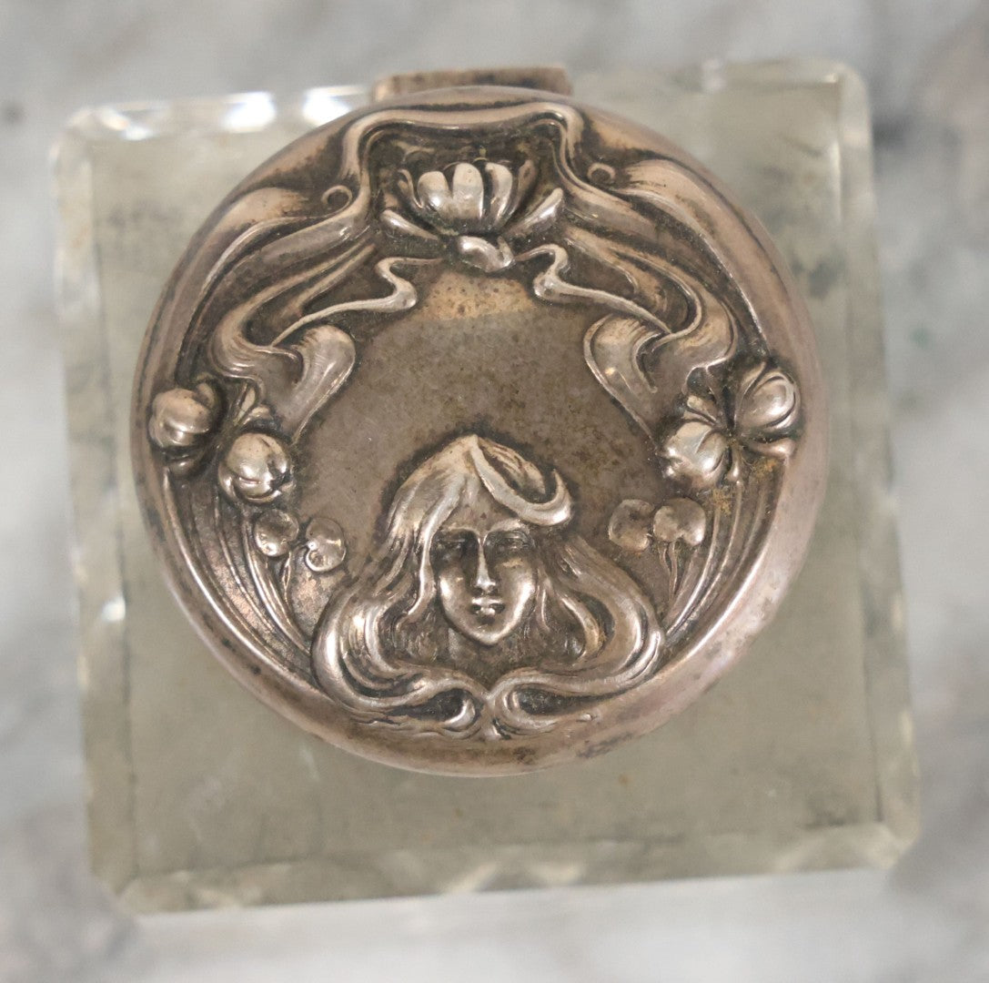 Lot 029 - Antique Cut Glass Inkwell With Art Nouveau Sterling Silver Lid With Woman Head And Lily Motif, Marked Sterling, With Hallmark, No. 1560