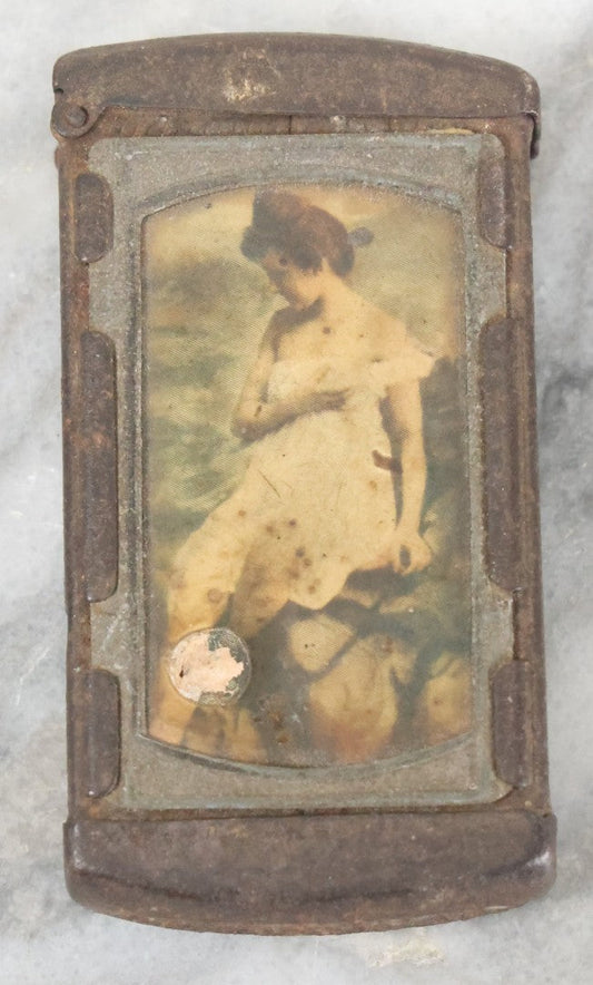 Lot 032 - Antique Tin Advertising Match Safe With Risque Woman Portrait Photo, Compliments Of W.F. Newton, West Upton, Massachusetts, Circa 1920s, Note Lid Pin Loosening, Heavy Rust And Wear, Blemish On Photo