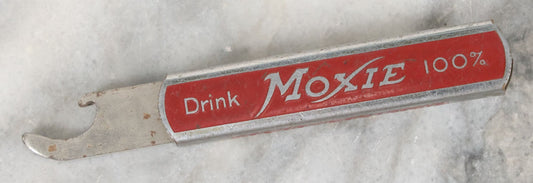 Lot 034 - Vintage Slide Up Bottle Opener Advertising Moxie Soda, "Frank Archer Invites You To Visit Moxie Land, The Home Of Moxie, Drink Moxie 100%" Marked Patent Pending
