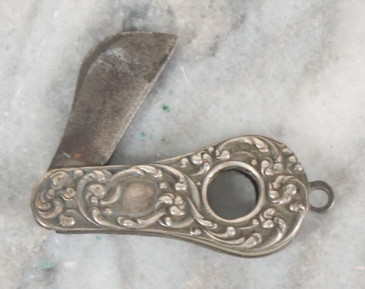 Lot 035 - Antique Sterling Silver Repousse Handle Folding Pocket Knife Cigarette Cutter Tool, Marked Sterling, Note Handle Pin Loosening
