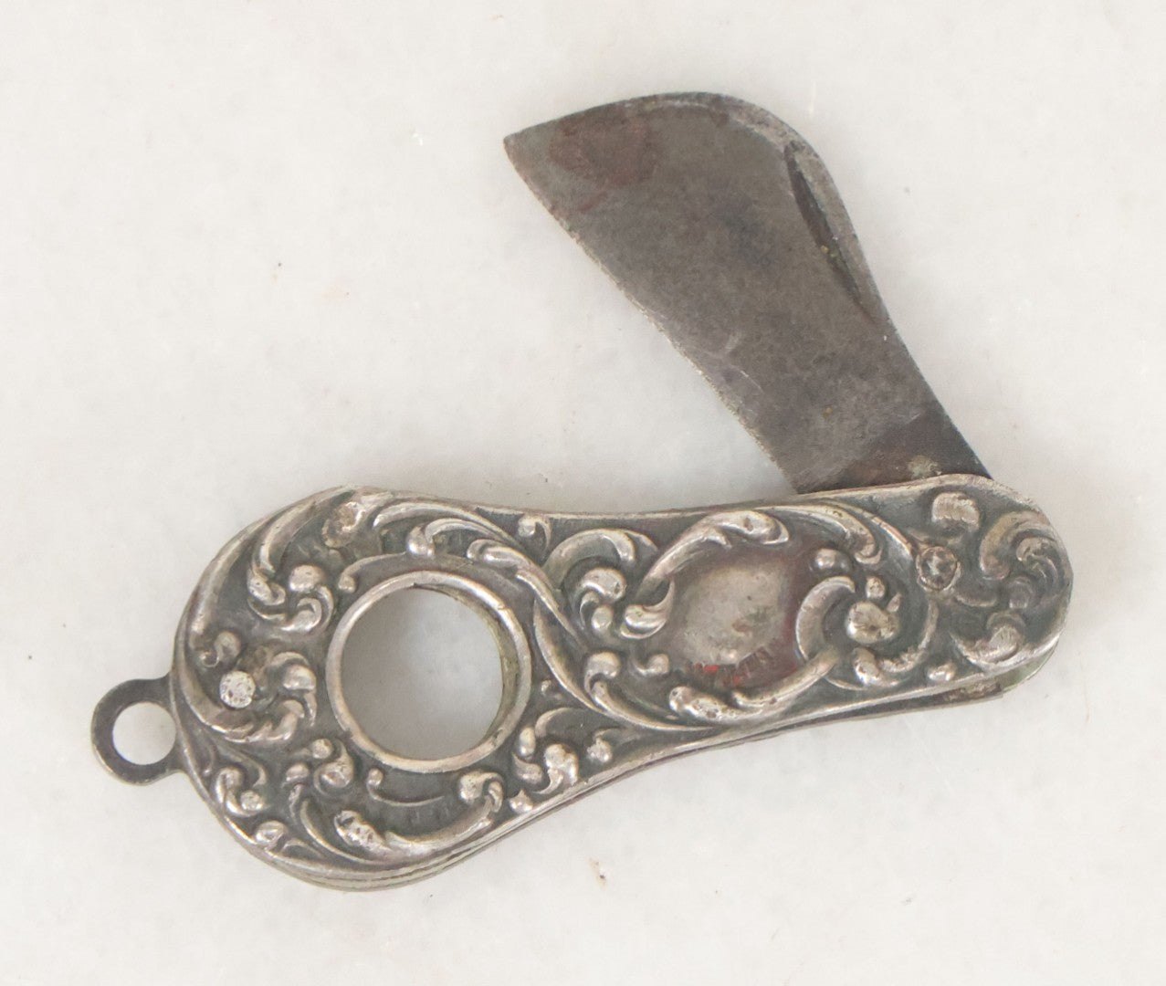Lot 035 - Antique Sterling Silver Repousse Handle Folding Pocket Knife Cigarette Cutter Tool, Marked Sterling, Note Handle Pin Loosening