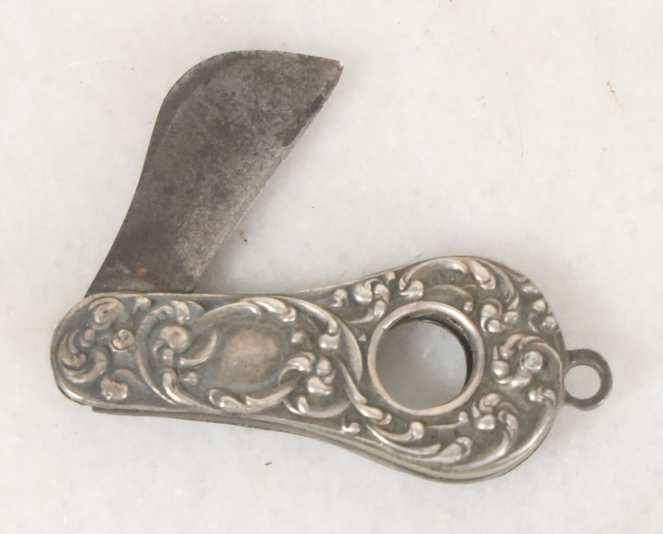 Lot 035 - Antique Sterling Silver Repousse Handle Folding Pocket Knife Cigarette Cutter Tool, Marked Sterling, Note Handle Pin Loosening