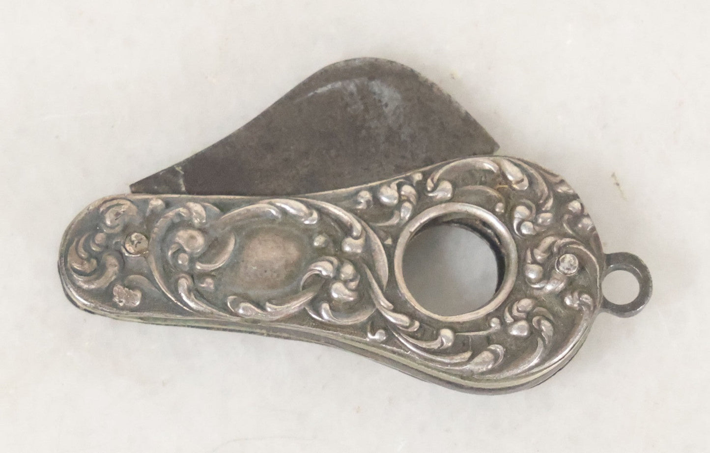 Lot 035 - Antique Sterling Silver Repousse Handle Folding Pocket Knife Cigarette Cutter Tool, Marked Sterling, Note Handle Pin Loosening