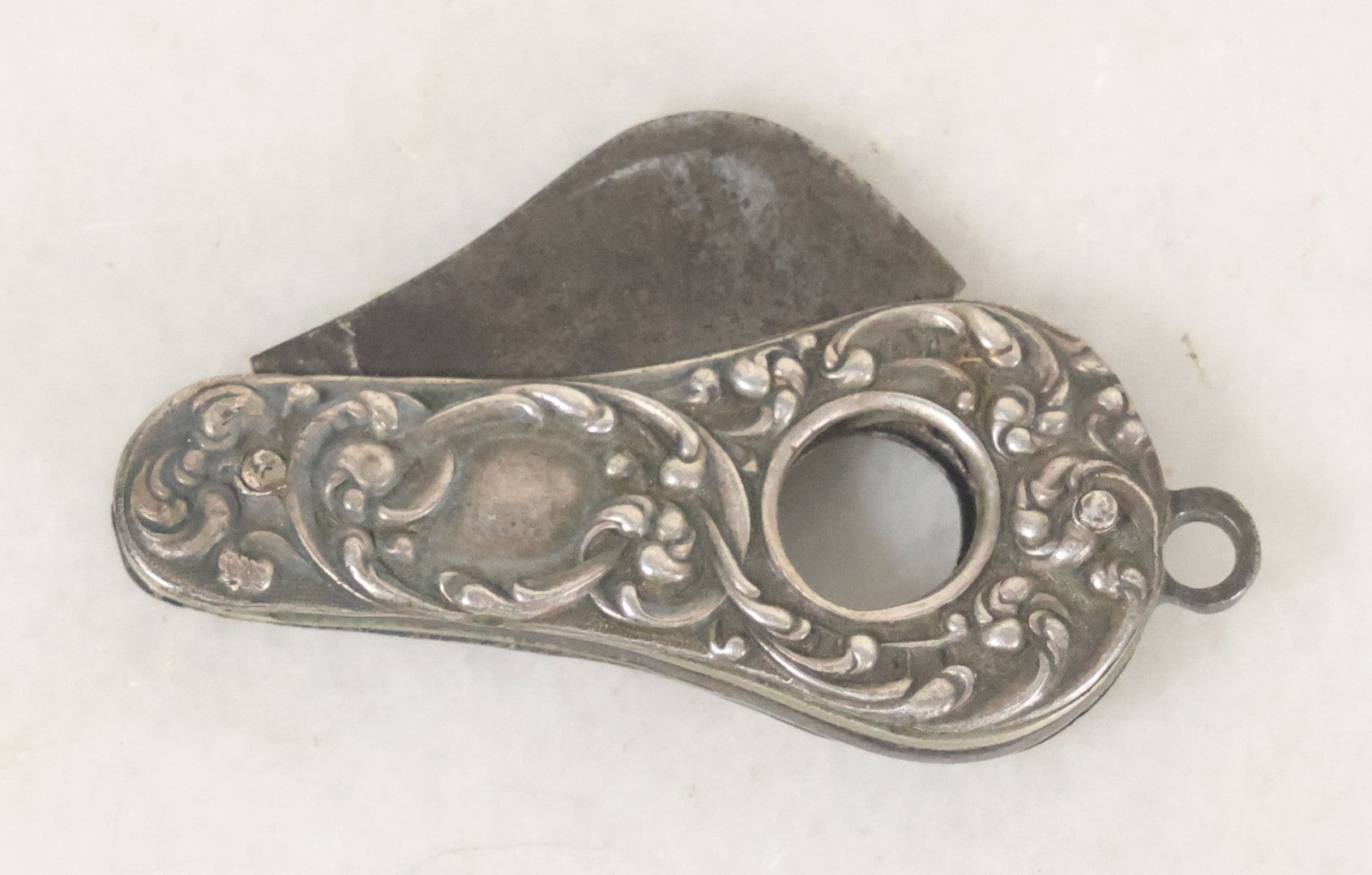 Lot 035 - Antique Sterling Silver Repousse Handle Folding Pocket Knife Cigarette Cutter Tool, Marked Sterling, Note Handle Pin Loosening