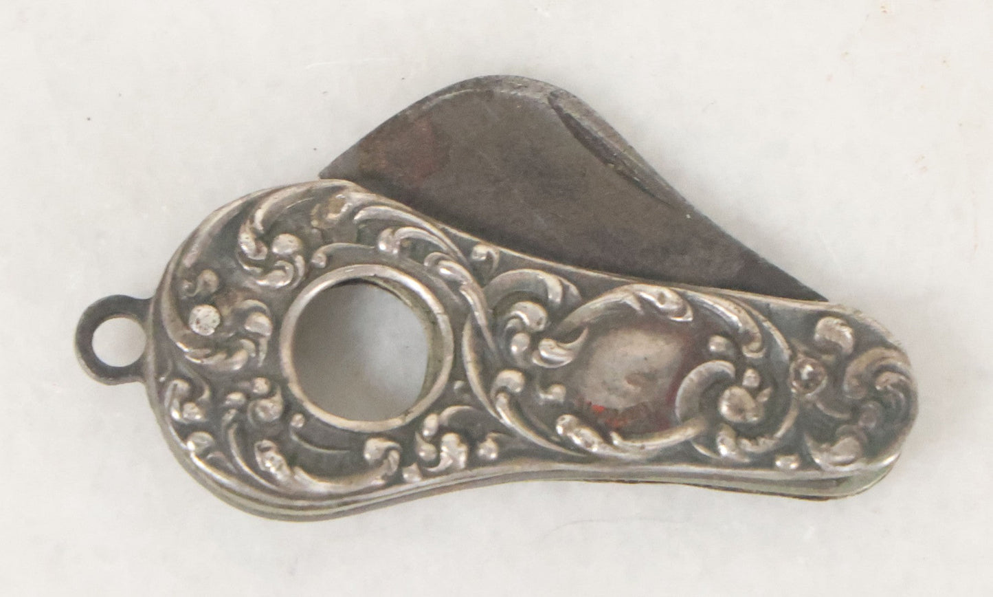 Lot 035 - Antique Sterling Silver Repousse Handle Folding Pocket Knife Cigarette Cutter Tool, Marked Sterling, Note Handle Pin Loosening
