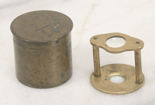 Lot 036 - Antique Miniature Brass Jewelers Loupe With Custom Brass Carrying Case, Note Some Warping To Hardware, Useable Condition