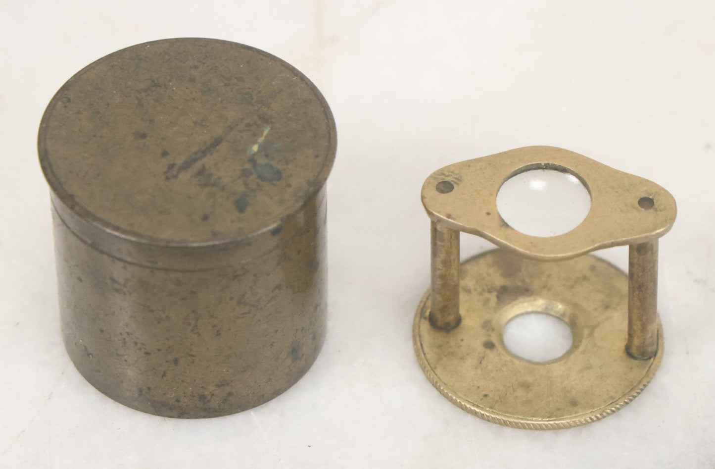 Lot 036 - Antique Miniature Brass Jewelers Loupe With Custom Brass Carrying Case, Note Some Warping To Hardware, Useable Condition