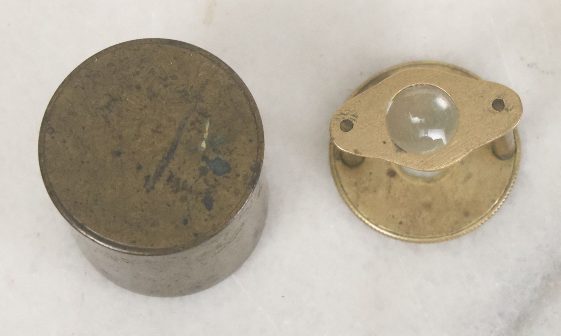 Lot 036 - Antique Miniature Brass Jewelers Loupe With Custom Brass Carrying Case, Note Some Warping To Hardware, Useable Condition