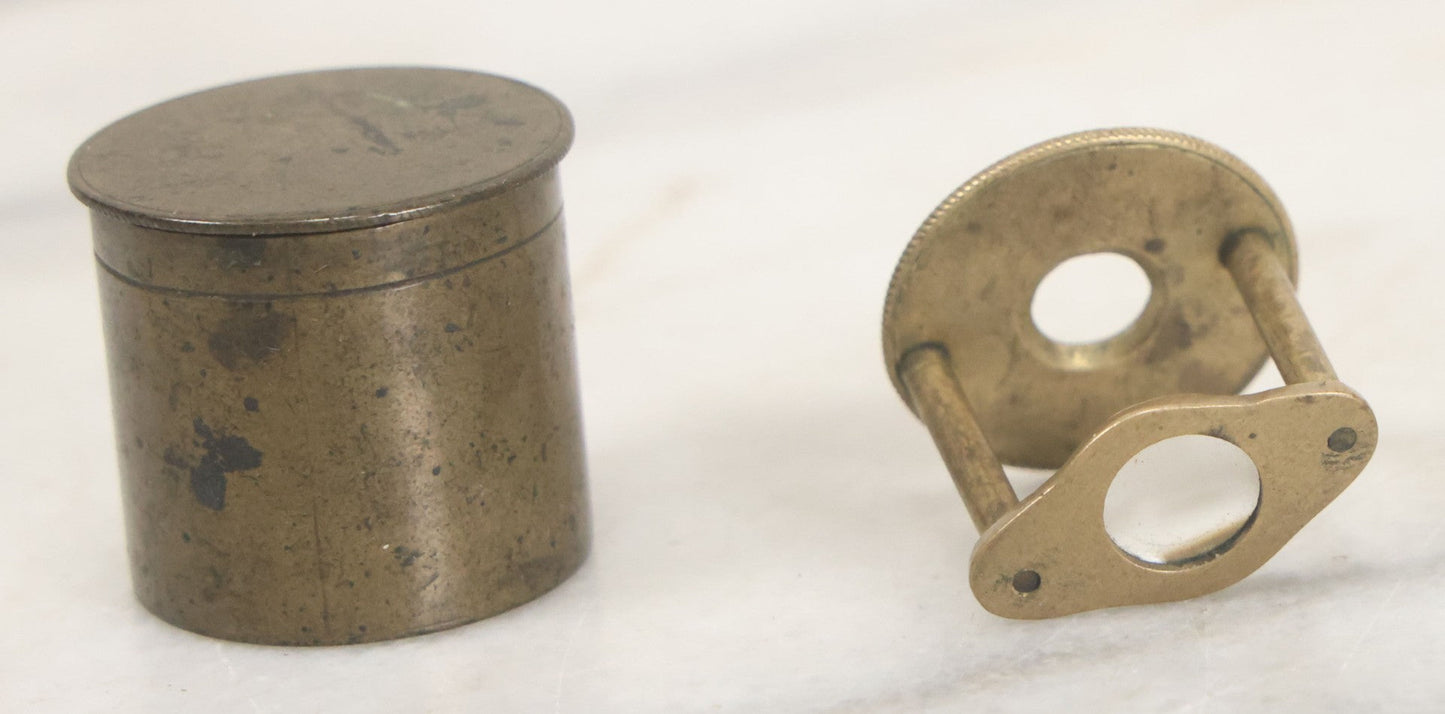 Lot 036 - Antique Miniature Brass Jewelers Loupe With Custom Brass Carrying Case, Note Some Warping To Hardware, Useable Condition