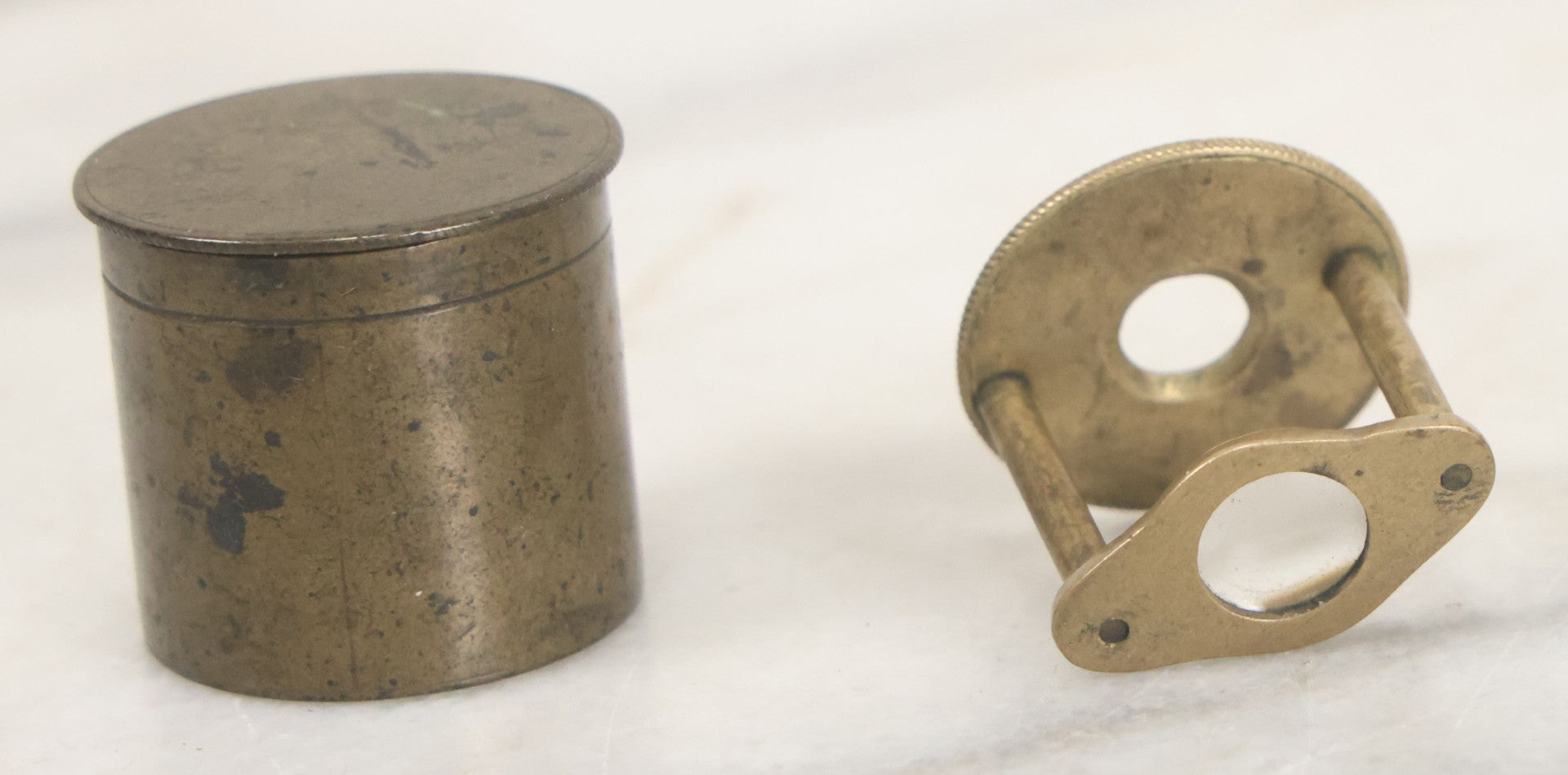 Lot 036 - Antique Miniature Brass Jewelers Loupe With Custom Brass Carrying Case, Note Some Warping To Hardware, Useable Condition