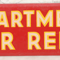 Lot 024 - Vintage Red Apartment For Rent Tin Tacker Sign With Smaltz Lettering, White Letters With Yellow Outlines (A), 9-1/4" x 3-1/2"