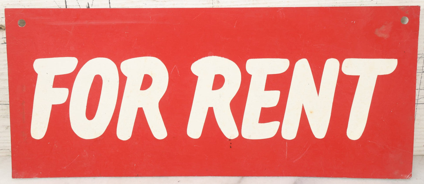 Lot 026 - Vintage Red For Rent Tin Tacker Sign With Smaltz Lettering, With Printed White Lettering, 14-1/8" x 6-1/8"