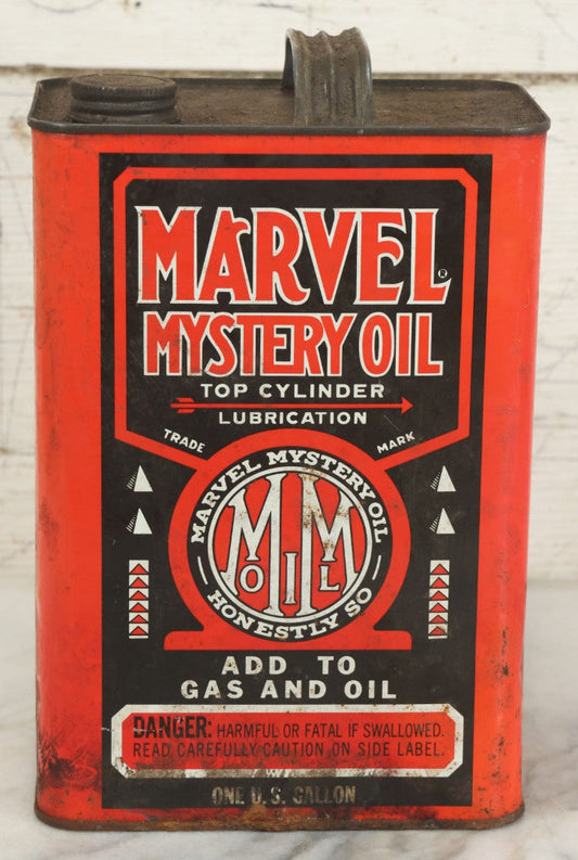 Lot 041 - Vintage Marvel Mystery Oil Top Cylinder Lubrication 1 Gallon Can, Marvel Oil Company, Inc., Port Chester New York, 10-1/2" Tall
