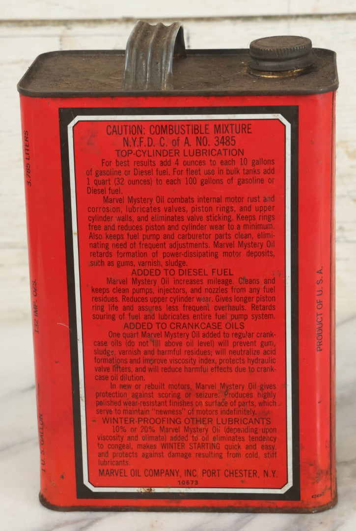 Lot 041 - Vintage Marvel Mystery Oil Top Cylinder Lubrication 1 Gallon Can, Marvel Oil Company, Inc., Port Chester New York, 10-1/2" Tall