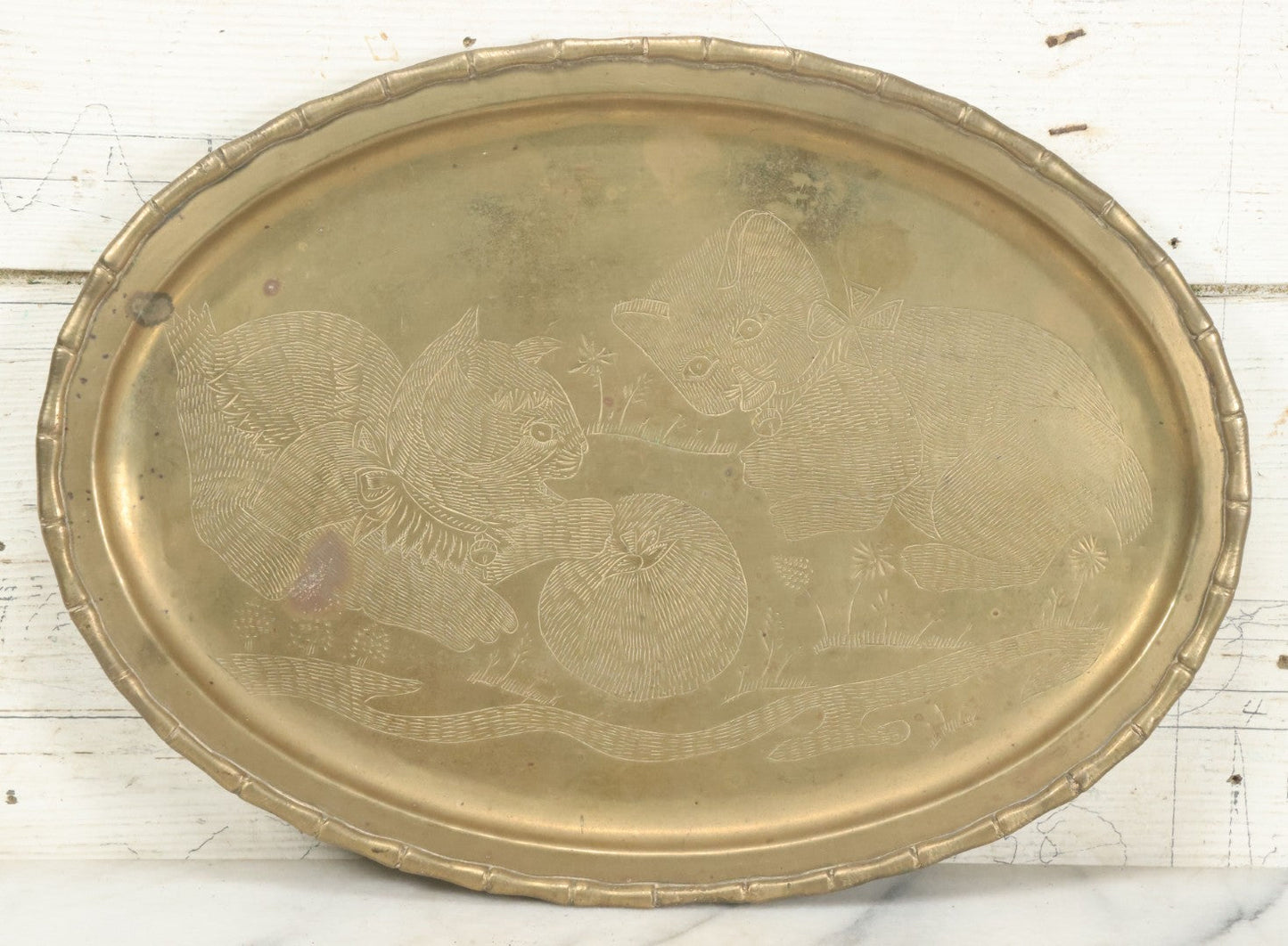 Lot 042 - Vintage Brass Tray Featuring Kittens Playing With Tomato, Made In India, 12-1/4" x 16-3/4"
