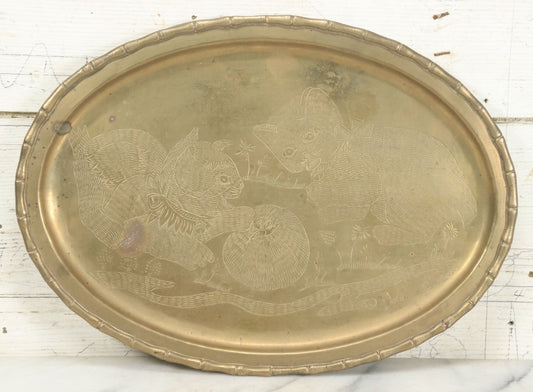Lot 042 - Vintage Brass Tray Featuring Kittens Playing With Tomato, Made In India, 12-1/4" x 16-3/4"