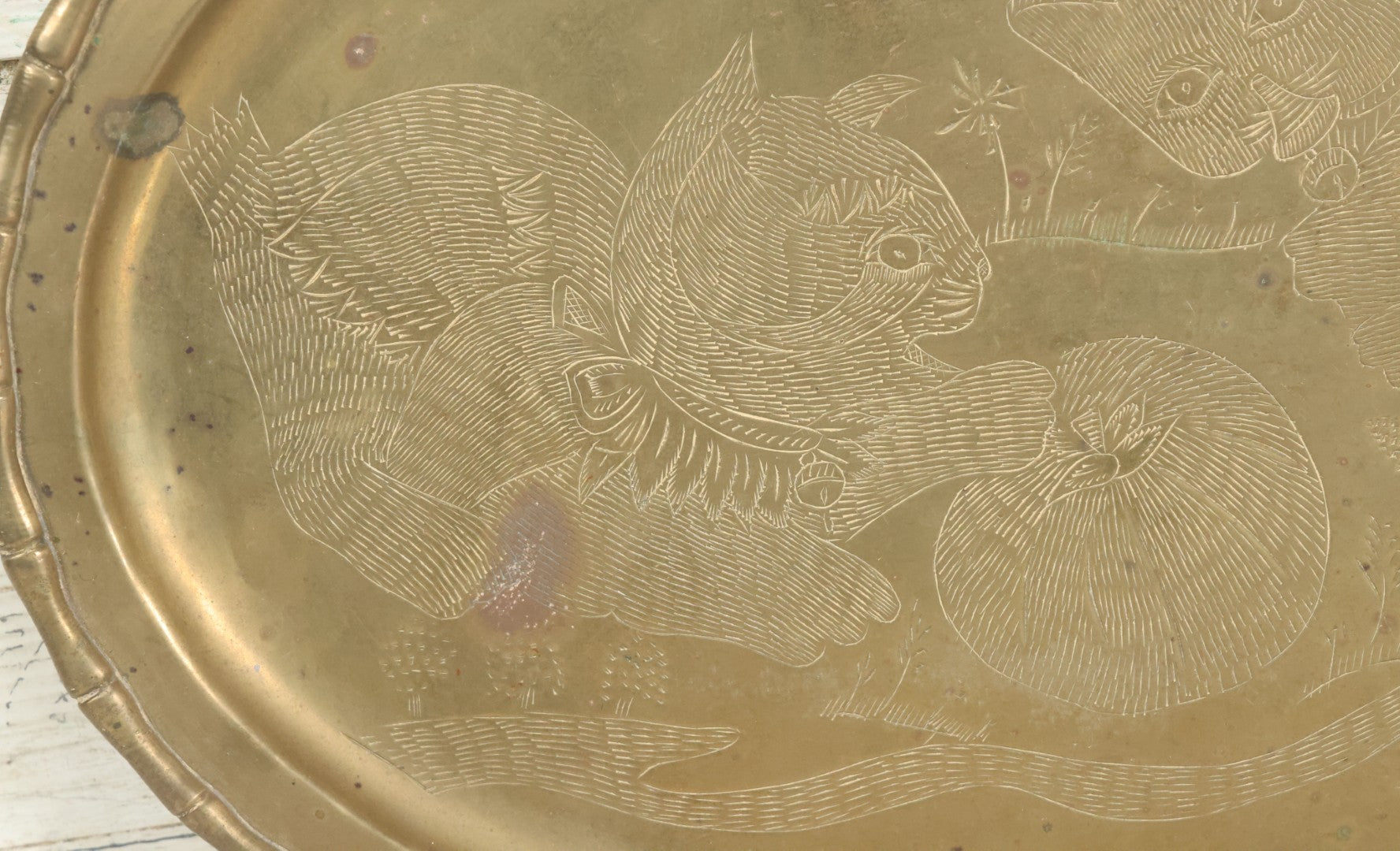 Lot 042 - Vintage Brass Tray Featuring Kittens Playing With Tomato, Made In India, 12-1/4" x 16-3/4"