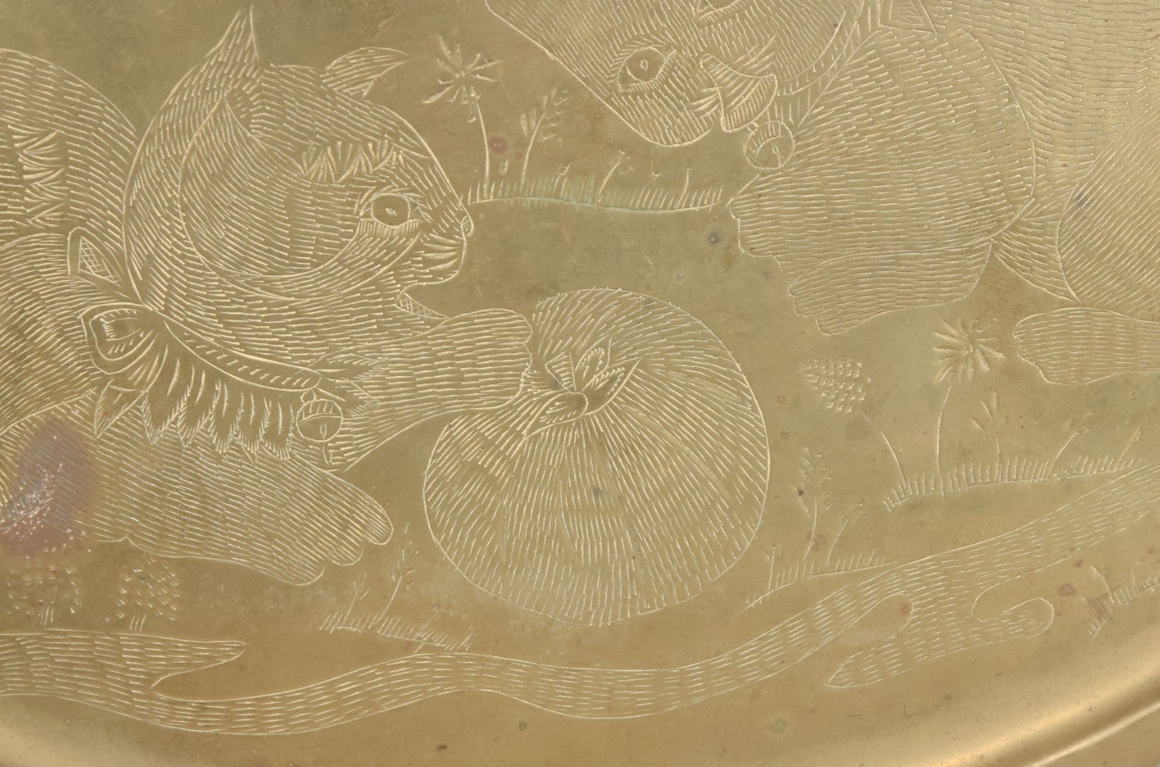 Lot 042 - Vintage Brass Tray Featuring Kittens Playing With Tomato, Made In India, 12-1/4" x 16-3/4"