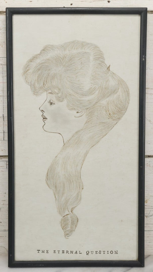 Lot 044 - Antique Pen And Ink Drawing After Charles Dana Gibson's "The Eternal Question" Sketched By Marjorie Marshall In 1908 For Marion Browne At Riverside Maine, Framed By W.W. Berry And Co. Waterville Maine, 11" x 20-3/4"