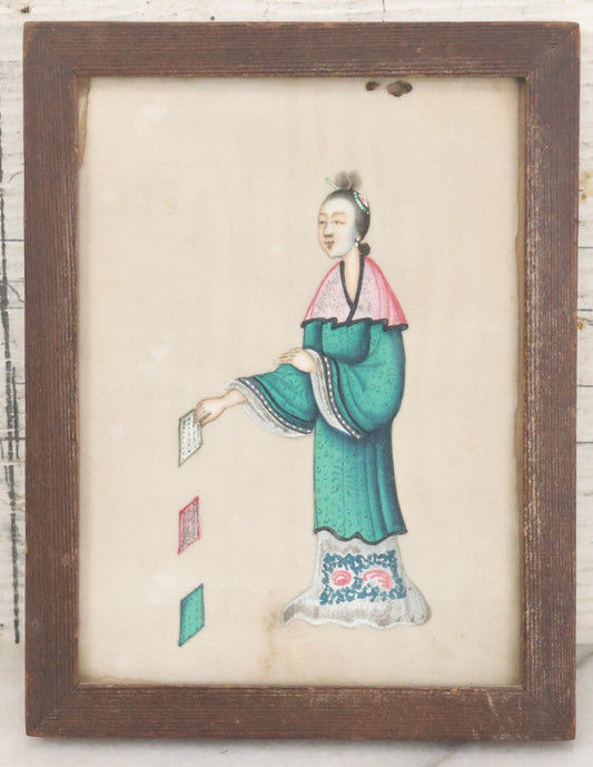 Lot 045 - Antique Chinese Pith Rice Paper Painting Of Woman Dropping Handkerchief, Paper Label On Verso From Henry R. Johnson, Fine Arts Department Store, Springfield, Massachusetts, 5" x 6-1/2"