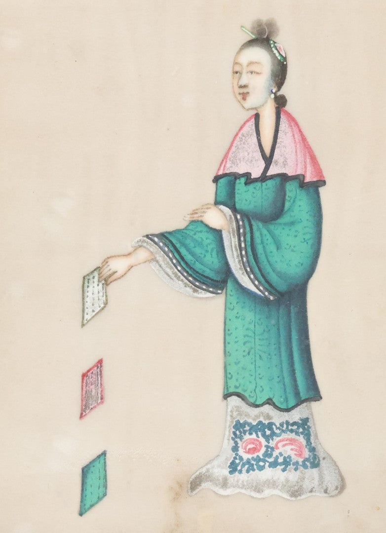 Lot 045 - Antique Chinese Pith Rice Paper Painting Of Woman Dropping Handkerchief, Paper Label On Verso From Henry R. Johnson, Fine Arts Department Store, Springfield, Massachusetts, 5" x 6-1/2"