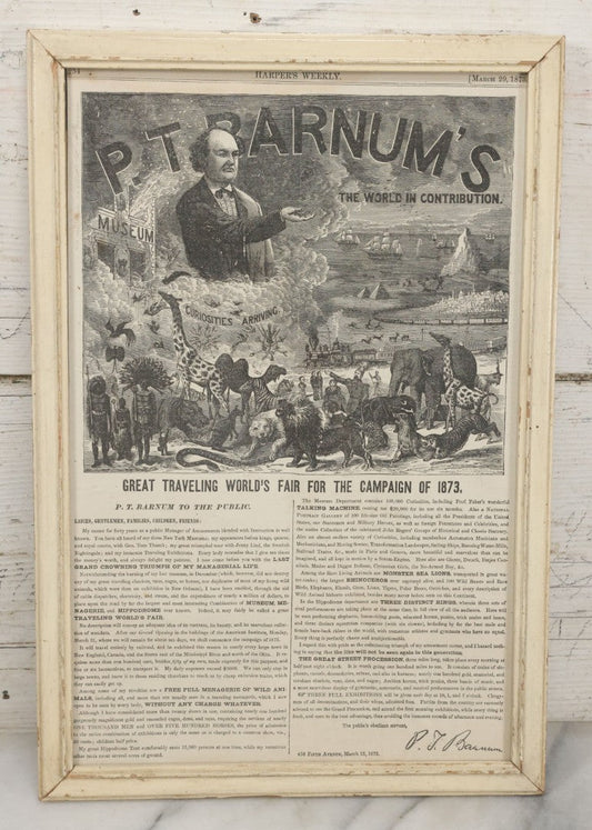 Lot 046 - Antique Advertisement Clipping For P.T. Barnum's Great Traveling World's Fair For The Campaign Of 1873, From Harper's Weekly Magazine, March 29Th, 1873 In Frame, 11" x 16-1/4"