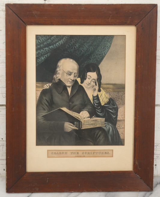 Lot 048 - Antique Hand Colored Lithograph Print Titled "Search The Scriptures", With Father And Daughter Reading The Bible, John 5:39-40, By Currier And Ives, In Frame, 15-5/8" x 19-1/2"