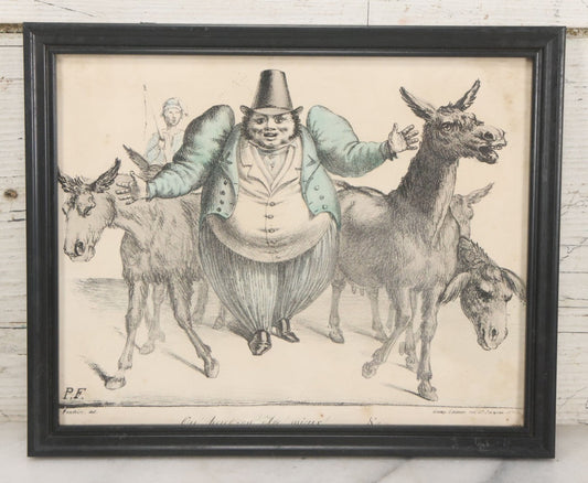 Lot 050 - Antique Hand Colored French Satirical Comic Caricature Print Of Portly Man And Donkeys, In Modern Frame, 10-3/4" x 8-7/8"