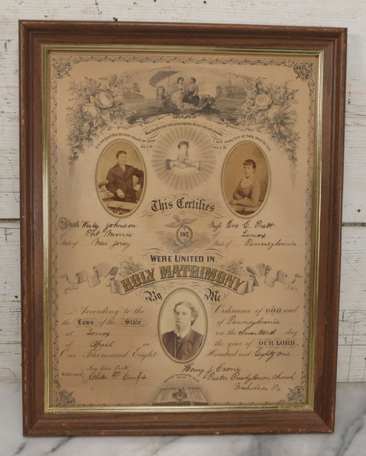 Lot 052 - Antique Lithographed Holy Matrimony Certificate For Wesley Johnson Of Port Morris New Jersey And Eva C. Pratt Of Lennox Pennsylvania, Married 1881 With Carte De Visite C.D.V. Photographs Including Pastor, In Modern Frame,  14" x 18"