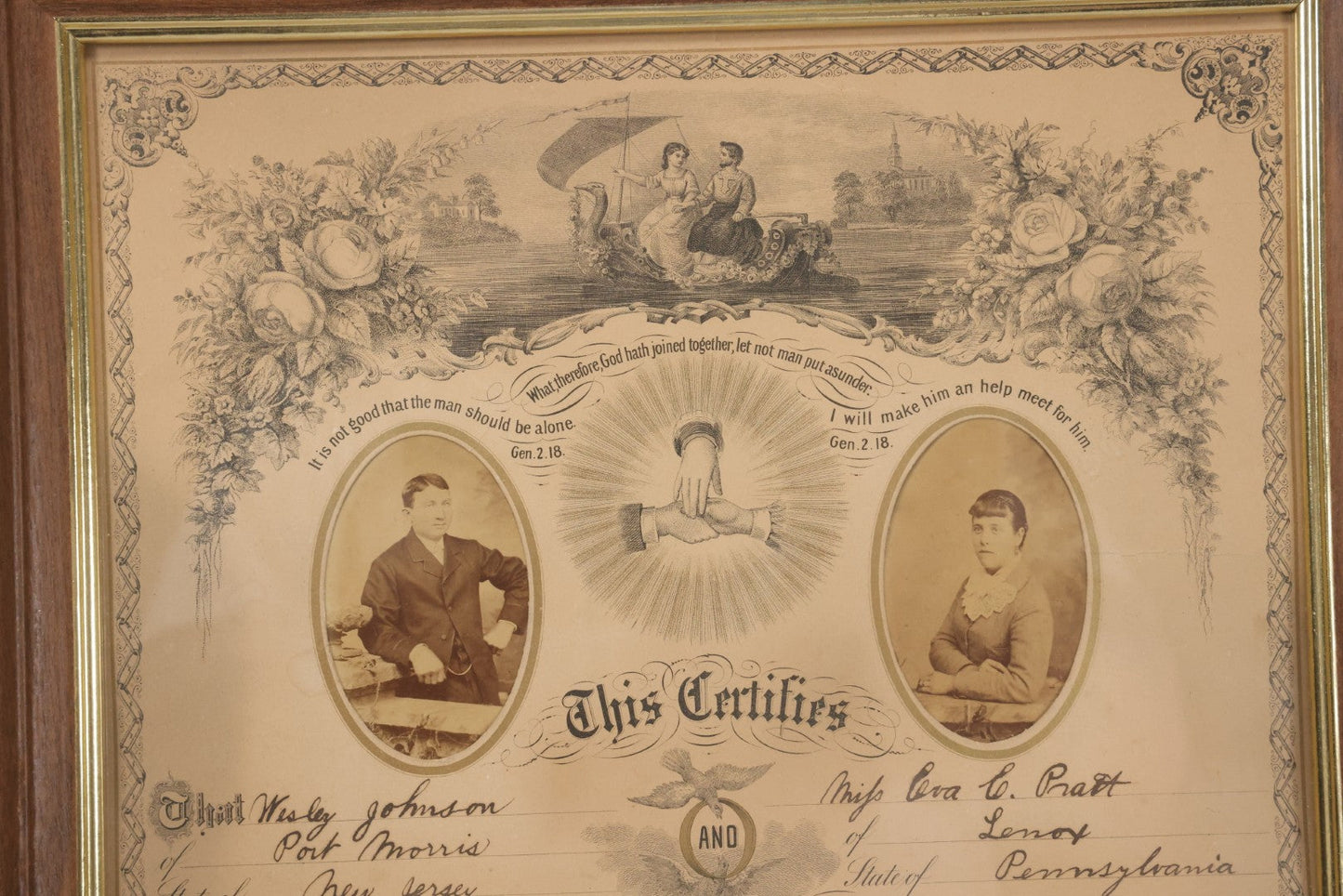 Lot 052 - Antique Lithographed Holy Matrimony Certificate For Wesley Johnson Of Port Morris New Jersey And Eva C. Pratt Of Lennox Pennsylvania, Married 1881 With Carte De Visite C.D.V. Photographs Including Pastor, In Modern Frame,  14" x 18"