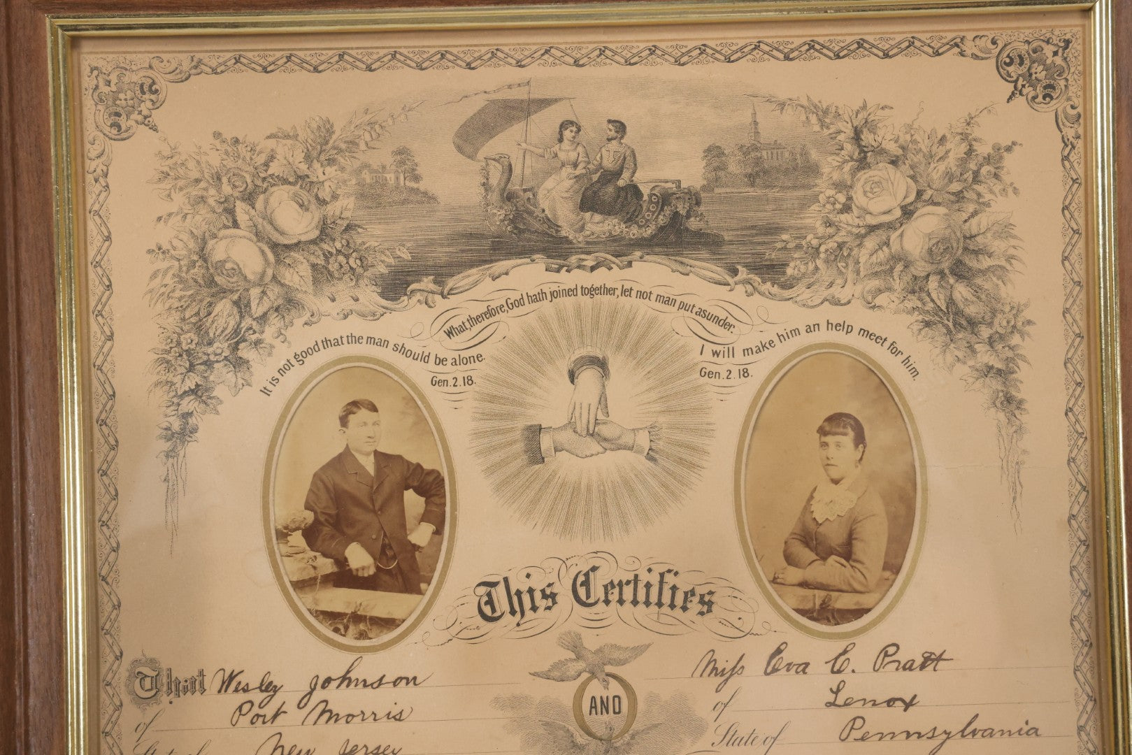 Lot 052 - Antique Lithographed Holy Matrimony Certificate For Wesley Johnson Of Port Morris New Jersey And Eva C. Pratt Of Lennox Pennsylvania, Married 1881 With Carte De Visite C.D.V. Photographs Including Pastor, In Modern Frame,  14" x 18"