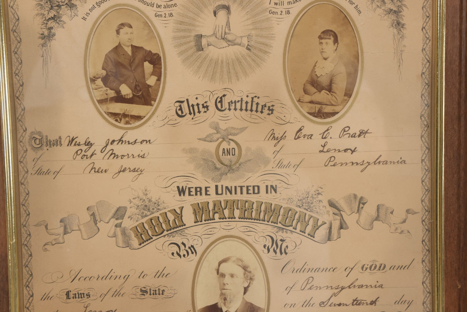 Lot 052 - Antique Lithographed Holy Matrimony Certificate For Wesley Johnson Of Port Morris New Jersey And Eva C. Pratt Of Lennox Pennsylvania, Married 1881 With Carte De Visite C.D.V. Photographs Including Pastor, In Modern Frame,  14" x 18"