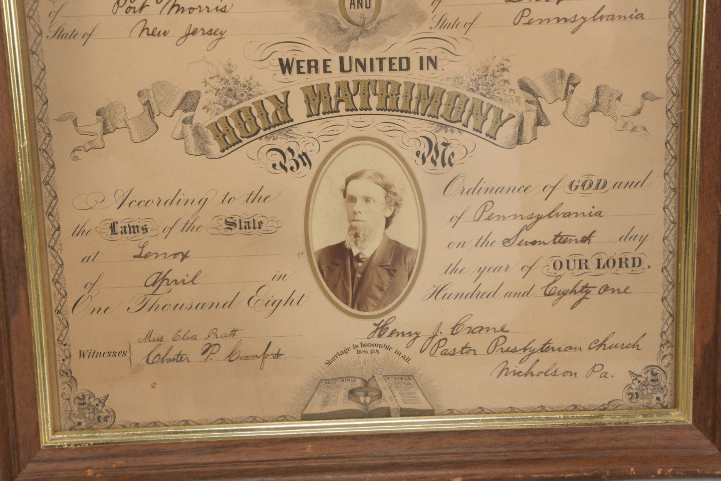 Lot 052 - Antique Lithographed Holy Matrimony Certificate For Wesley Johnson Of Port Morris New Jersey And Eva C. Pratt Of Lennox Pennsylvania, Married 1881 With Carte De Visite C.D.V. Photographs Including Pastor, In Modern Frame,  14" x 18"