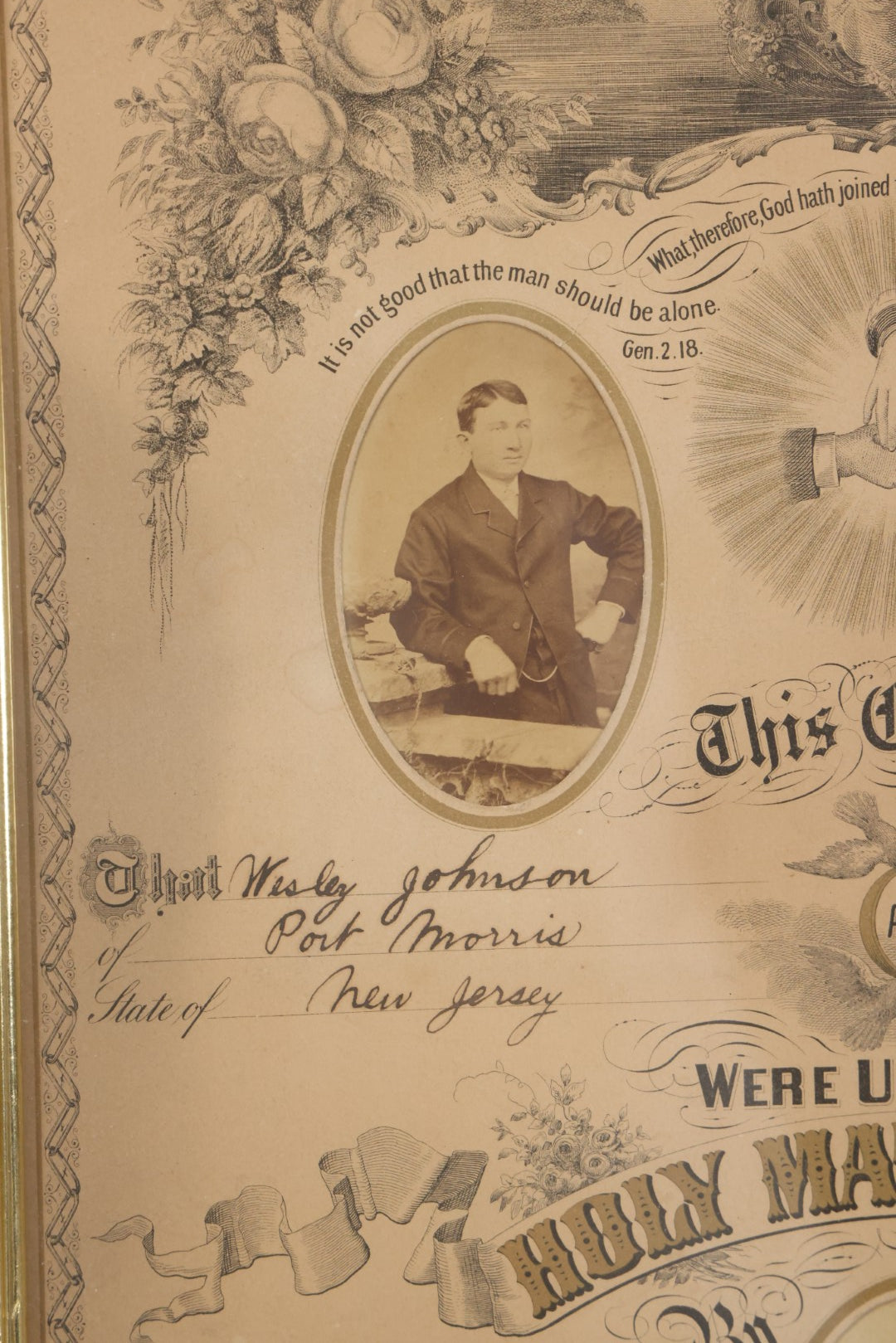 Lot 052 - Antique Lithographed Holy Matrimony Certificate For Wesley Johnson Of Port Morris New Jersey And Eva C. Pratt Of Lennox Pennsylvania, Married 1881 With Carte De Visite C.D.V. Photographs Including Pastor, In Modern Frame,  14" x 18"