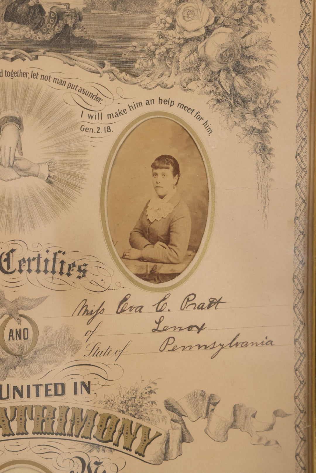 Lot 052 - Antique Lithographed Holy Matrimony Certificate For Wesley Johnson Of Port Morris New Jersey And Eva C. Pratt Of Lennox Pennsylvania, Married 1881 With Carte De Visite C.D.V. Photographs Including Pastor, In Modern Frame,  14" x 18"