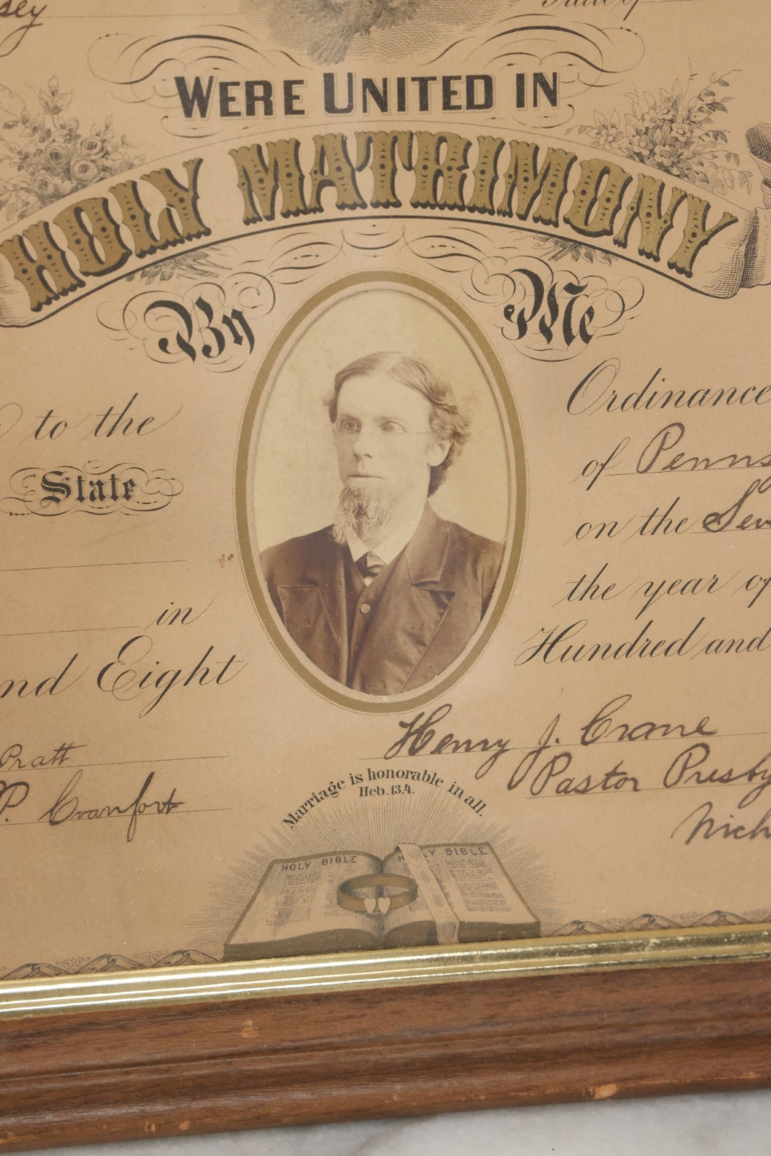 Lot 052 - Antique Lithographed Holy Matrimony Certificate For Wesley Johnson Of Port Morris New Jersey And Eva C. Pratt Of Lennox Pennsylvania, Married 1881 With Carte De Visite C.D.V. Photographs Including Pastor, In Modern Frame,  14" x 18"