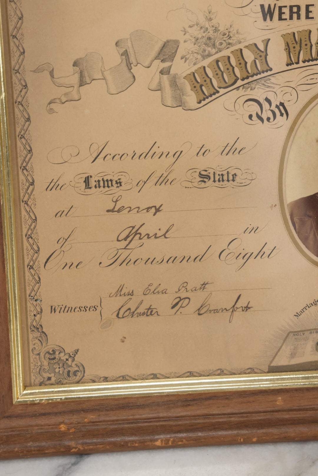Lot 052 - Antique Lithographed Holy Matrimony Certificate For Wesley Johnson Of Port Morris New Jersey And Eva C. Pratt Of Lennox Pennsylvania, Married 1881 With Carte De Visite C.D.V. Photographs Including Pastor, In Modern Frame,  14" x 18"