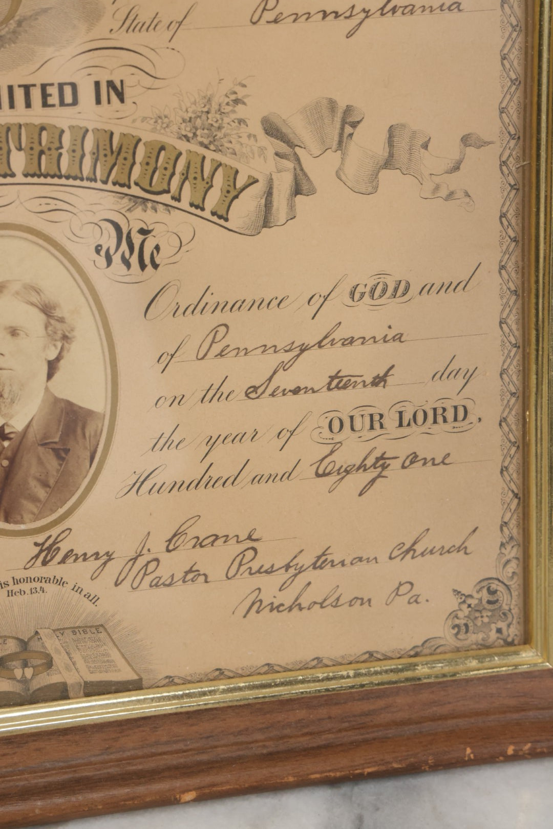 Lot 052 - Antique Lithographed Holy Matrimony Certificate For Wesley Johnson Of Port Morris New Jersey And Eva C. Pratt Of Lennox Pennsylvania, Married 1881 With Carte De Visite C.D.V. Photographs Including Pastor, In Modern Frame,  14" x 18"