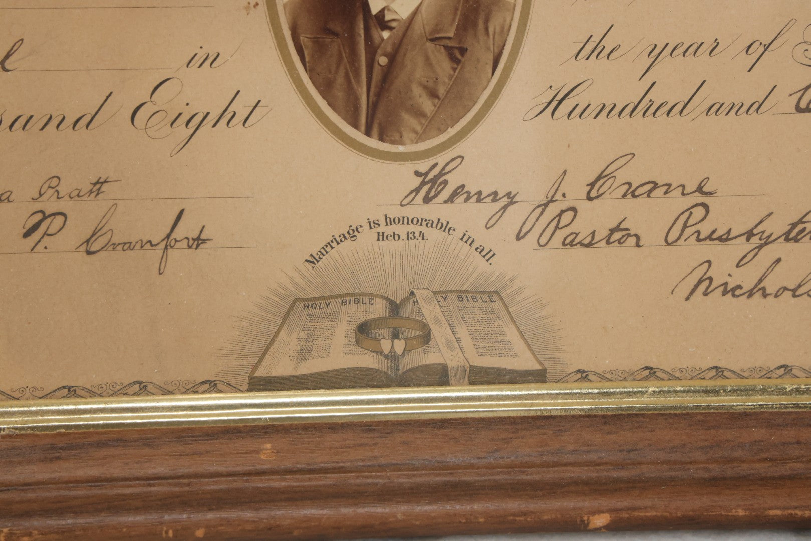 Lot 052 - Antique Lithographed Holy Matrimony Certificate For Wesley Johnson Of Port Morris New Jersey And Eva C. Pratt Of Lennox Pennsylvania, Married 1881 With Carte De Visite C.D.V. Photographs Including Pastor, In Modern Frame,  14" x 18"