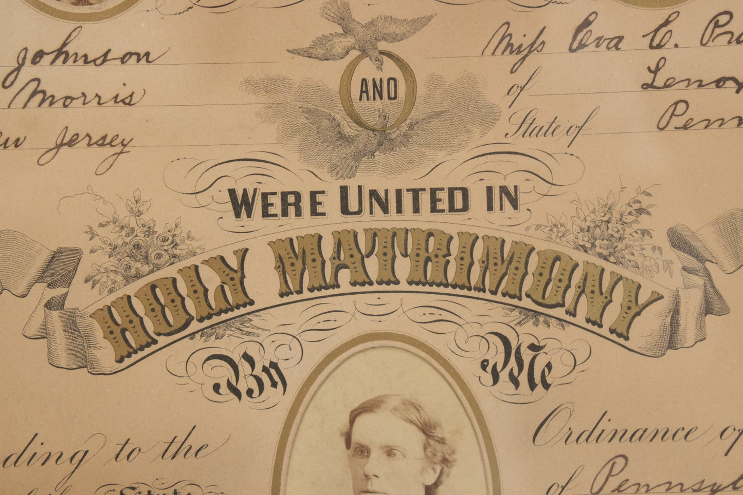 Lot 052 - Antique Lithographed Holy Matrimony Certificate For Wesley Johnson Of Port Morris New Jersey And Eva C. Pratt Of Lennox Pennsylvania, Married 1881 With Carte De Visite C.D.V. Photographs Including Pastor, In Modern Frame,  14" x 18"