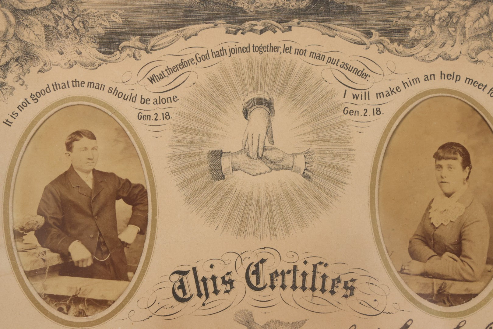 Lot 052 - Antique Lithographed Holy Matrimony Certificate For Wesley Johnson Of Port Morris New Jersey And Eva C. Pratt Of Lennox Pennsylvania, Married 1881 With Carte De Visite C.D.V. Photographs Including Pastor, In Modern Frame,  14" x 18"
