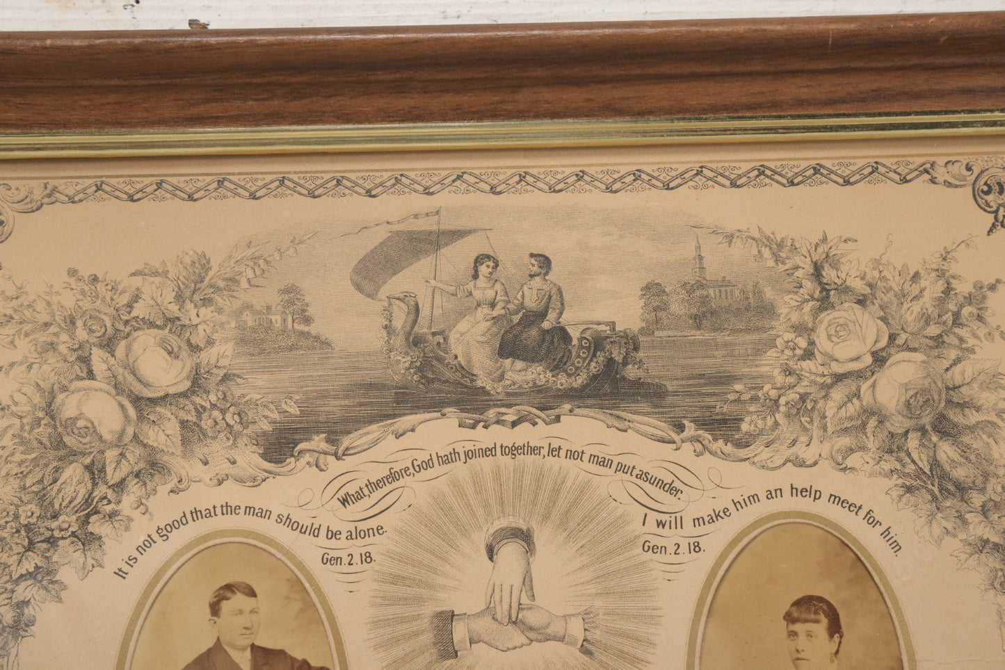 Lot 052 - Antique Lithographed Holy Matrimony Certificate For Wesley Johnson Of Port Morris New Jersey And Eva C. Pratt Of Lennox Pennsylvania, Married 1881 With Carte De Visite C.D.V. Photographs Including Pastor, In Modern Frame,  14" x 18"