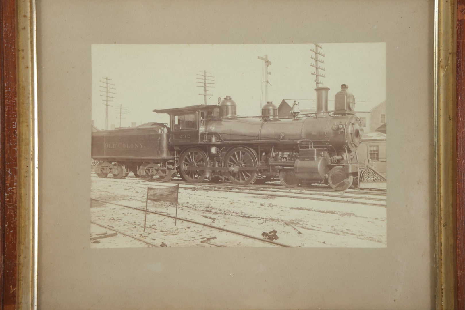 Lot 053 - Antique Boarded Photograph Of Locomotive No. 232, Old Colony Railroad, In Frame,  15-1/4" x 13-1/8"